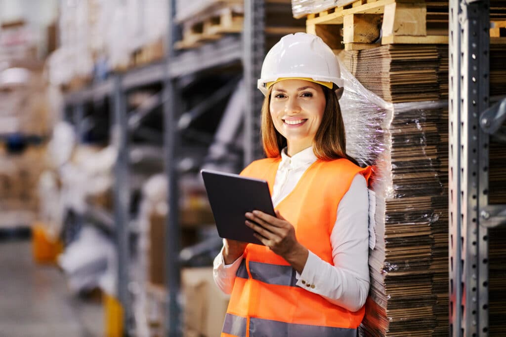 Portrait of a happy businesswoman leaning on shelf in storage and tracking shipment on tablet while smiling at the camera.